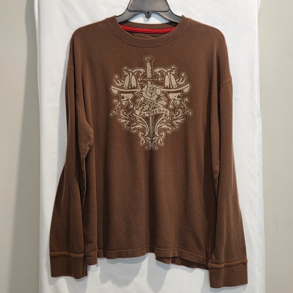 No Boundaries Y2K Mens XL Brown Organic Cotton Thermal Graphic Shirt Skulls Rose